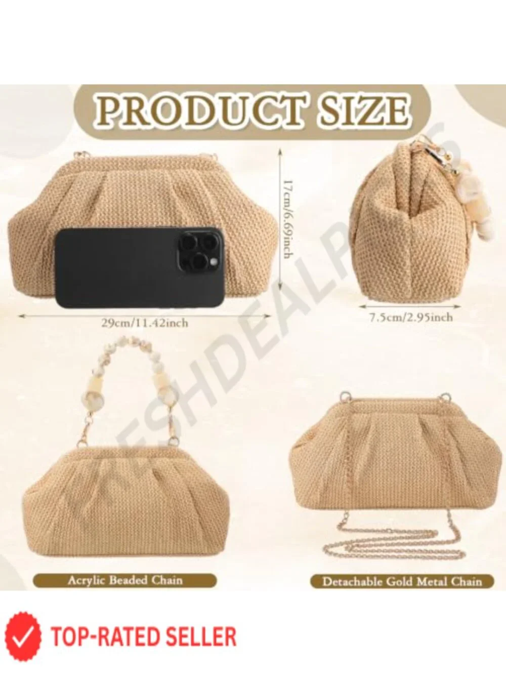 Woven Straw Clutch Purse for Women, Boho Beach Bag with Detachable Chain Straps